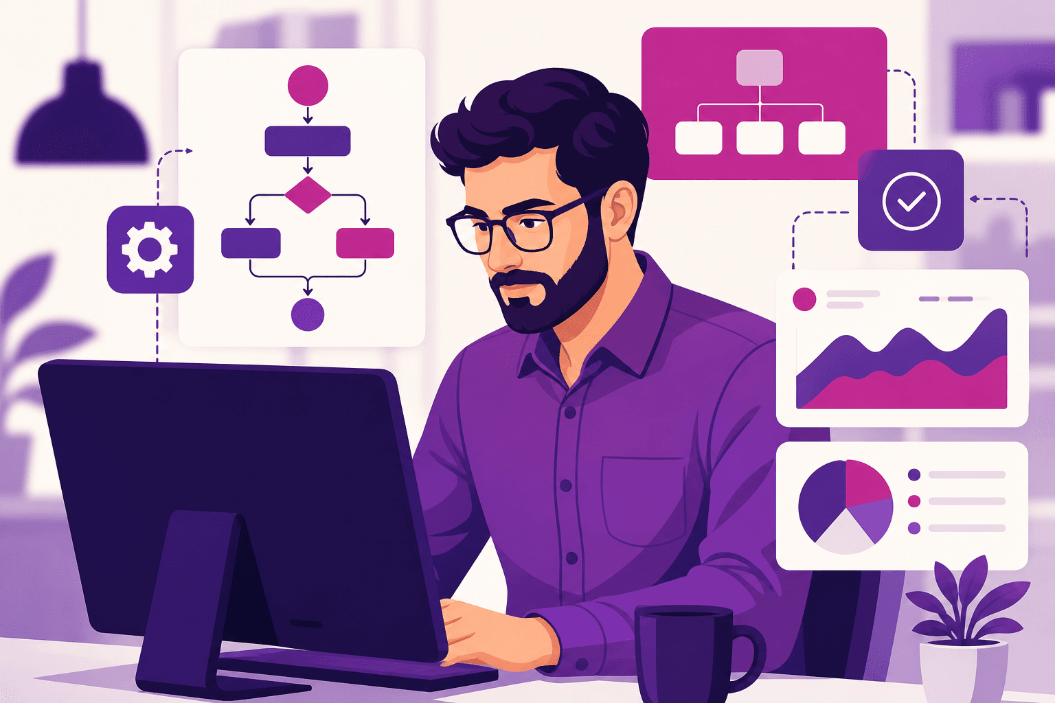 Ilustração de um profissional trabalhando em computador, com gráficos e diagramas de processos ao redor